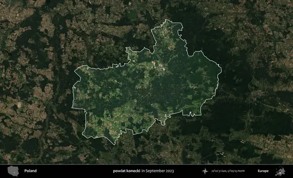 powiat konecki. Polonya 'nın idari alanı, Eylül 2023' te çekilen Kopernik Nöbetçi karolarından oluşan koyu renkli bir uydu görüntüsü üzerine vurgulandı ve özetlendi.