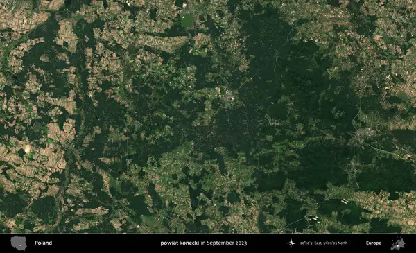 powiat konecki. Eylül 2023 'te Copernicus Sentinel karolarından oluşan uydu görüntüsü üzerine Polonya' nın idari bölgesi