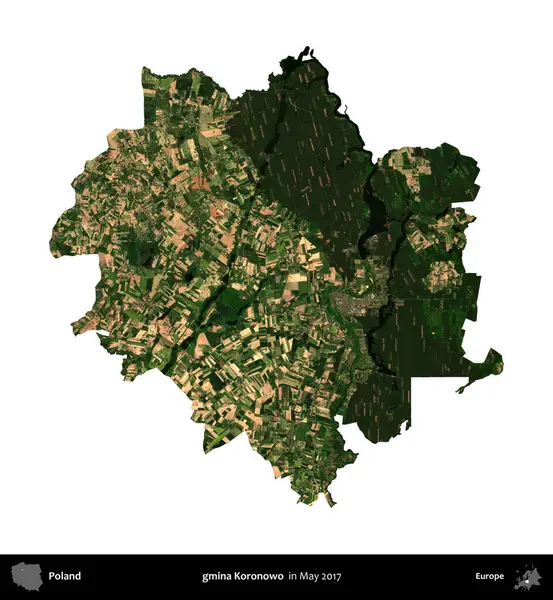 gmina Koronowo. Polonya idari bölgesi, Mayıs 2017 'de çekilen Kopernik Nöbetçi karolarından oluşan bir uydu görüntüsü üzerinde beyaza izole edildi.