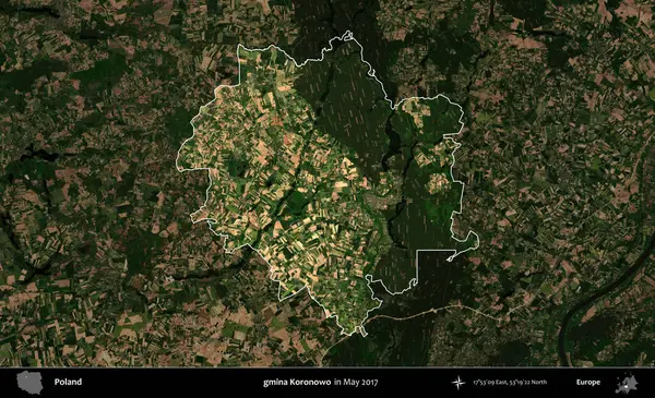 gmina Koronowo. Polonya 'nın idari alanı, Mayıs 2017' de çekilen Kopernik Nöbetçi karolarından oluşan koyu renkli bir uydu görüntüsü üzerinde vurgulandı ve özetlendi.