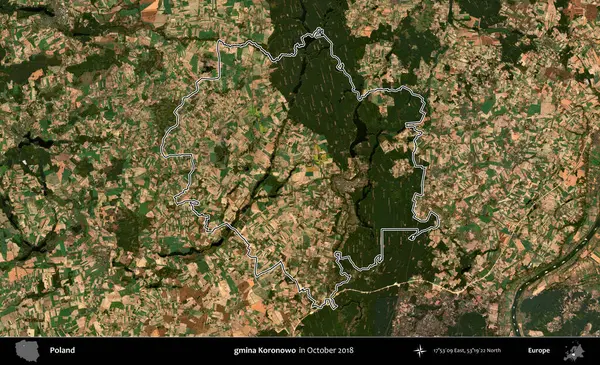 gmina Koronowo. Polonya 'nın idari bölgesini, Ekim 2018' de çekilen Kopernik Nöbetçi karolarından oluşan bir uydu görüntüsüne göre özetledik.