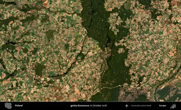 gmina Koronowo. Polonya 'nın idari bölgesi, Ekim 2018' de çekilen Kopernik Sentinel karolarından oluşan bir uydu görüntüsü üzerine kurulmuştur.
