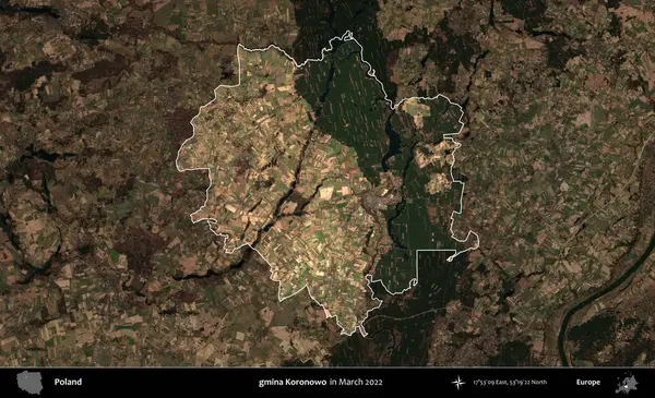 gmina Koronowo. Polonya 'nın idari alanı, Mart 2022' de çekilen Kopernik Nöbetçi karolarından oluşan koyu renkli bir uydu görüntüsü üzerine vurgulandı ve özetlendi.