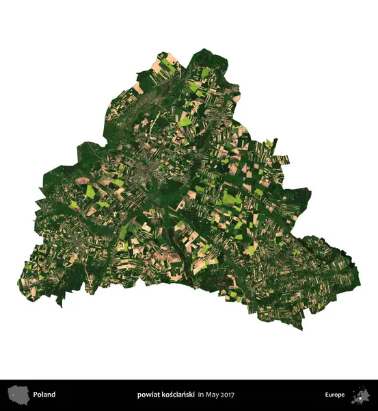 powiat koscianski. Polonya idari bölgesi, Mayıs 2017 'de çekilen Kopernik Nöbetçi karolarından oluşan bir uydu görüntüsü üzerinde beyaza izole edildi.