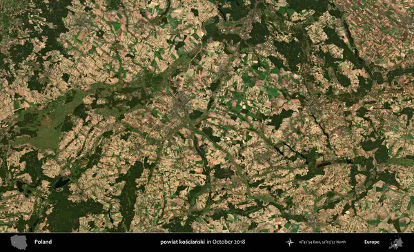 powiat koscianski. Polonya 'nın idari bölgesi, Ekim 2018' de çekilen Kopernik Sentinel karolarından oluşan bir uydu görüntüsü üzerine kurulmuştur.