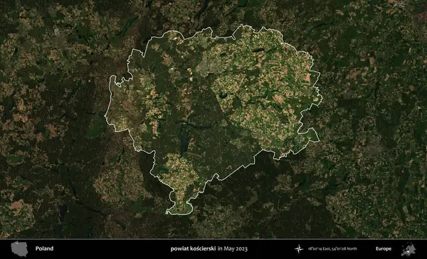 powiat koscierski. Polonya 'nın idari alanı, Mayıs 2023' te çekilen Kopernik Nöbetçi karolarından oluşan koyu renkli bir uydu görüntüsü üzerinde vurgulandı ve özetlendi.