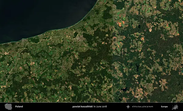 powiat koszalinski. Copernicus Sentinel 'in Haziran 2018' de çekilmiş uydu görüntüsü üzerine Polonya 'nın idari bölgesi