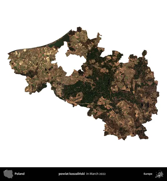 powiat koszalinski. Polonya idari bölgesi, Mart 2022 'de çekilen Kopernik Nöbetçi karolarından oluşan bir uydu görüntüsü üzerinde beyaza izole edildi.