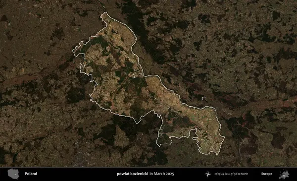 powiat kozienicki. Polonya 'nın idari alanı, Mart 2025' te çekilen Kopernik Nöbetçi karolarından oluşan koyu renkli bir uydu görüntüsü üzerine vurgulandı ve özetlendi