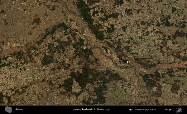 powiat kozienicki. Copernicus Sentinel 'in Mart 2025' te çekilmiş uydu görüntüsü üzerine Polonya 'nın idari bölgesi