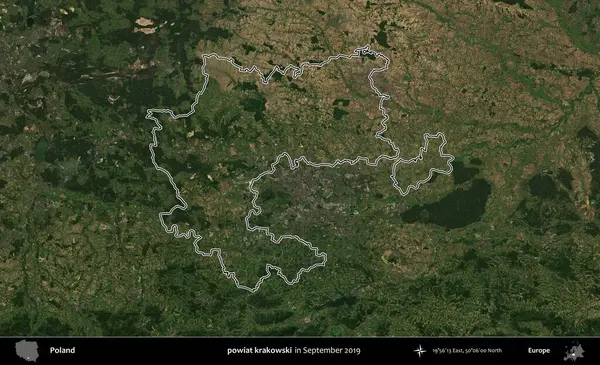 powiat krakowski. Eylül 2019 'da çekilen Kopernik Nöbetçi karolarından oluşan bir uydu görüntüsü üzerine Polonya' nın idari bölgesinin ana hatlarını çizdim.