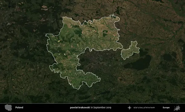 powiat krakowski. Polonya 'nın idari alanı, Eylül 2019' da çekilen Kopernik Nöbetçi karolarından oluşan koyu renkli bir uydu görüntüsü üzerinde vurgulandı ve özetlendi.