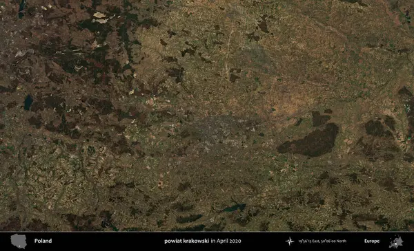 powiat krakowski. Nisan 2020 'de Copernicus Sentinel karolarından oluşan bir uydu görüntüsü üzerine Polonya' nın idari bölgesi