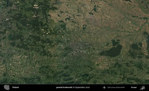 powiat krakowski. Eylül 2020 'de Copernicus Sentinel karolarından oluşan bir uydu görüntüsü üzerine Polonya' nın idari bölgesi
