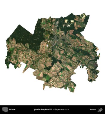 powiat krapkowicki. Polonya idari bölgesi, Eylül 2021 'de çekilen Kopernik Nöbetçi karolarından oluşan bir uydu görüntüsü üzerinde beyaza izole edildi.