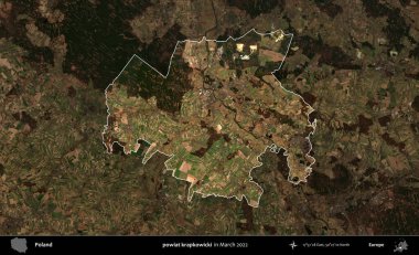 powiat krapkowicki. Polonya 'nın idari alanı, Mart 2022' de çekilen Kopernik Nöbetçi karolarından oluşan koyu renkli bir uydu görüntüsü üzerine vurgulandı ve özetlendi.