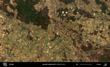 powiat krapkowicki. Copernicus Sentinel 'in Mart 2022' de çekilmiş uydu görüntüsü üzerine Polonya 'nın idari bölgesi.