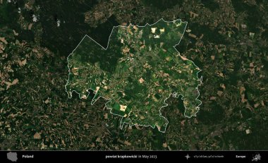 powiat krapkowicki. Polonya 'nın idari alanı, Mayıs 2023' te çekilen Kopernik Nöbetçi karolarından oluşan koyu renkli bir uydu görüntüsü üzerinde vurgulandı ve özetlendi.