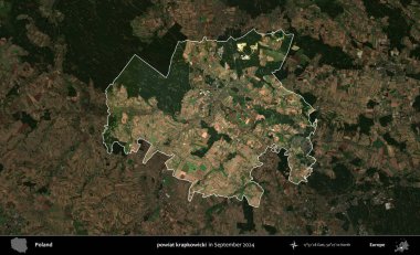 powiat krapkowicki. Polonya 'nın idari alanı, Eylül 2024' te çekilen Kopernik Nöbetçi karolarından oluşan koyu renkli bir uydu görüntüsü üzerine vurgulandı ve özetlendi