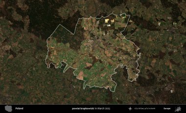 powiat krapkowicki. Polonya 'nın idari alanı, Mart 2025' te çekilen Kopernik Nöbetçi karolarından oluşan koyu renkli bir uydu görüntüsü üzerine vurgulandı ve özetlendi