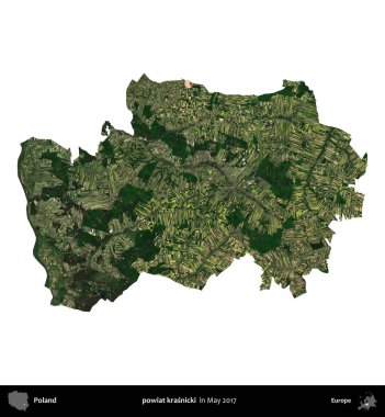 powiat krasnicki. Polonya idari bölgesi, Mayıs 2017 'de çekilen Kopernik Nöbetçi karolarından oluşan bir uydu görüntüsü üzerinde beyaza izole edildi.