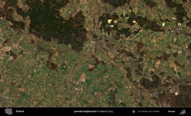 powiat krapkowicki. Copernicus Sentinel 'in Mart 2025' te çekilmiş uydu görüntüsü üzerine Polonya 'nın idari bölgesi