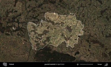 powiat krasnicki. Polonya 'nın idari alanı, Nisan 2020' de çekilen Kopernik Nöbetçi karolarından oluşan koyu renkli bir uydu görüntüsü üzerine vurgulandı ve özetlendi