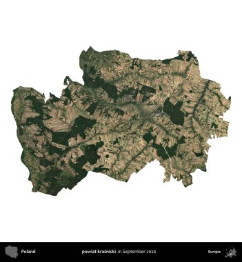 powiat krasnicki. Polonya idari bölgesi, Eylül 2020 'de çekilen Kopernik Nöbetçi karolarından oluşan bir uydu görüntüsü üzerinde beyaza izole edildi.