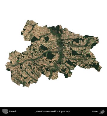 powiat krasnostawski. Polonya idari bölgesi, Ağustos 2019 'da çekilen Kopernik Nöbetçi karolarından oluşan bir uydu görüntüsü üzerinde beyaza izole edildi.