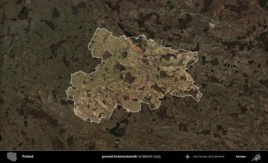 powiat krasnostawski. Polonya 'nın idari alanı, Mart 2025' te çekilen Kopernik Nöbetçi karolarından oluşan koyu renkli bir uydu görüntüsü üzerine vurgulandı ve özetlendi