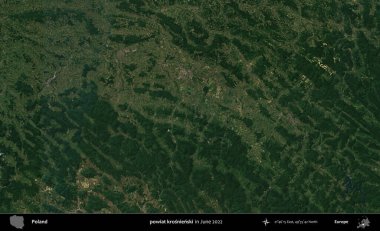 powiat krosnienski. Copernicus Sentinel 'in Haziran 2022' de çekilmiş uydu görüntüsü üzerine Polonya 'nın idari bölgesi.