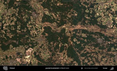 powiat krosnienski. Copernicus Sentinel 'in Mart 2022' de çekilmiş uydu görüntüsü üzerine Polonya 'nın idari bölgesi.