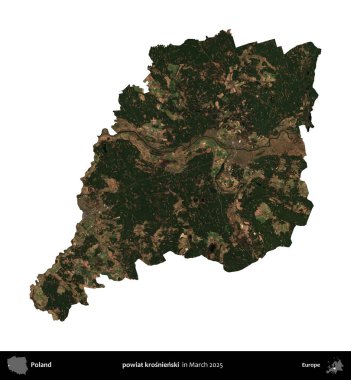 powiat krosnienski. Polonya idari bölgesi, Mart 2025 'te çekilen Kopernik Nöbetçi karolarından oluşan bir uydu görüntüsü üzerinde beyaza izole edildi.