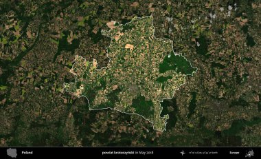 powiat krotoszynski. Polonya 'nın idari alanı, Mayıs 2018' de çekilen Kopernik Nöbetçi karolarından oluşan koyu renkli bir uydu görüntüsüyle vurgulandı ve özetlendi