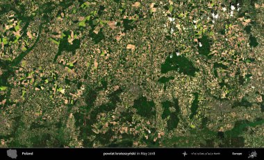 powiat krotoszynski. Copernicus Sentinel 'in Mayıs 2018' de çekilmiş uydu görüntüsü üzerine Polonya 'nın idari bölgesi.