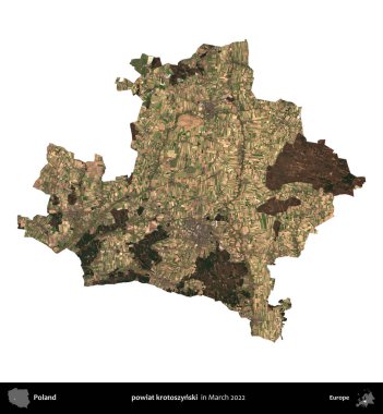 powiat krotoszynski. Polonya idari bölgesi, Mart 2022 'de çekilen Kopernik Nöbetçi karolarından oluşan bir uydu görüntüsü üzerinde beyaza izole edildi.