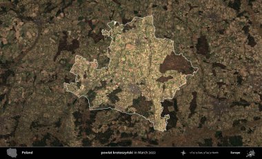 powiat krotoszynski. Polonya 'nın idari alanı, Mart 2022' de çekilen Kopernik Nöbetçi karolarından oluşan koyu renkli bir uydu görüntüsü üzerine vurgulandı ve özetlendi.