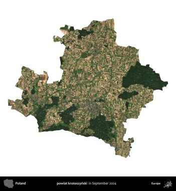 powiat krotoszynski. Polonya idari bölgesi, Eylül 2024 'te çekilen Kopernik Nöbetçi karolarından oluşan bir uydu görüntüsü üzerinde beyaza izole edildi.