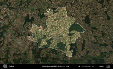 powiat krotoszynski. Polonya 'nın idari alanı, Eylül 2024' te çekilen Kopernik Nöbetçi karolarından oluşan koyu renkli bir uydu görüntüsü üzerine vurgulandı ve özetlendi