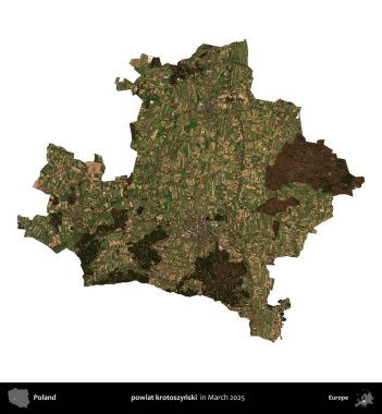 powiat krotoszynski. Polonya idari bölgesi, Mart 2025 'te çekilen Kopernik Nöbetçi karolarından oluşan bir uydu görüntüsü üzerinde beyaza izole edildi.