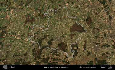 powiat krotoszynski. Polonya 'nın idari bölgesinin ana hatları, Mart 2025' te çekilen Kopernik Nöbetçi karolarından oluşan bir uydu görüntüsü üzerine çizildi.