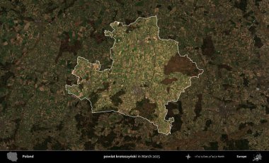 powiat krotoszynski. Polonya 'nın idari alanı, Mart 2025' te çekilen Kopernik Nöbetçi karolarından oluşan koyu renkli bir uydu görüntüsü üzerine vurgulandı ve özetlendi