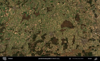 powiat krotoszynski. Copernicus Sentinel 'in Mart 2025' te çekilmiş uydu görüntüsü üzerine Polonya 'nın idari bölgesi