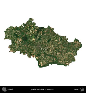 powiat kutnowski. Polonya 'nın idari bölgesi, Mayıs 2018' de çekilen Kopernik Nöbetçi Fayanslarından oluşan bir uydu görüntüsü üzerinde beyaza izole edildi.