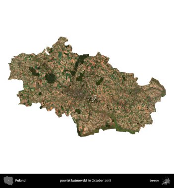 powiat kutnowski. Polonya idari bölgesi, Ekim 2018 'de çekilen Kopernik Nöbetçi karolarından oluşan bir uydu görüntüsü üzerinde beyaza izole edildi.