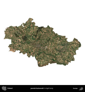 powiat kutnowski. Polonya idari bölgesi, Nisan 2019 'da çekilen Kopernik Nöbetçi karolarından oluşan bir uydu görüntüsü üzerinde beyaza izole edildi.