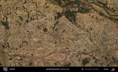 powiat kutnowski. Polonya 'nın idari bölgesinin ana hatları, Mart 2023' te çekilen Kopernik Nöbetçi karolarından oluşan bir uydu görüntüsü üzerine çizildi.