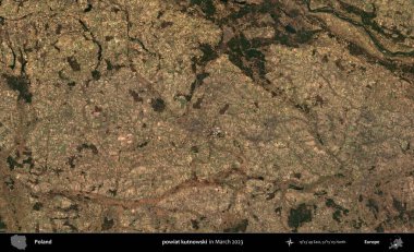 powiat kutnowski. Copernicus Sentinel 'in Mart 2023' te çekilmiş uydu görüntüsü üzerine Polonya 'nın idari bölgesi.