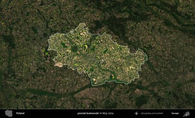 powiat kutnowski. Polonya 'nın idari alanı, Mayıs 2024' te çekilen Kopernik Nöbetçi karolarından oluşan koyu renkli bir uydu görüntüsü üzerinde vurgulandı ve özetlendi.