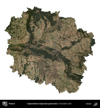 wojewodzz iki kujawsko-pomorskie. Polonya idari bölgesi, Ekim 2018 'de çekilen Kopernik Nöbetçi karolarından oluşan bir uydu görüntüsü üzerinde beyaza izole edildi.
